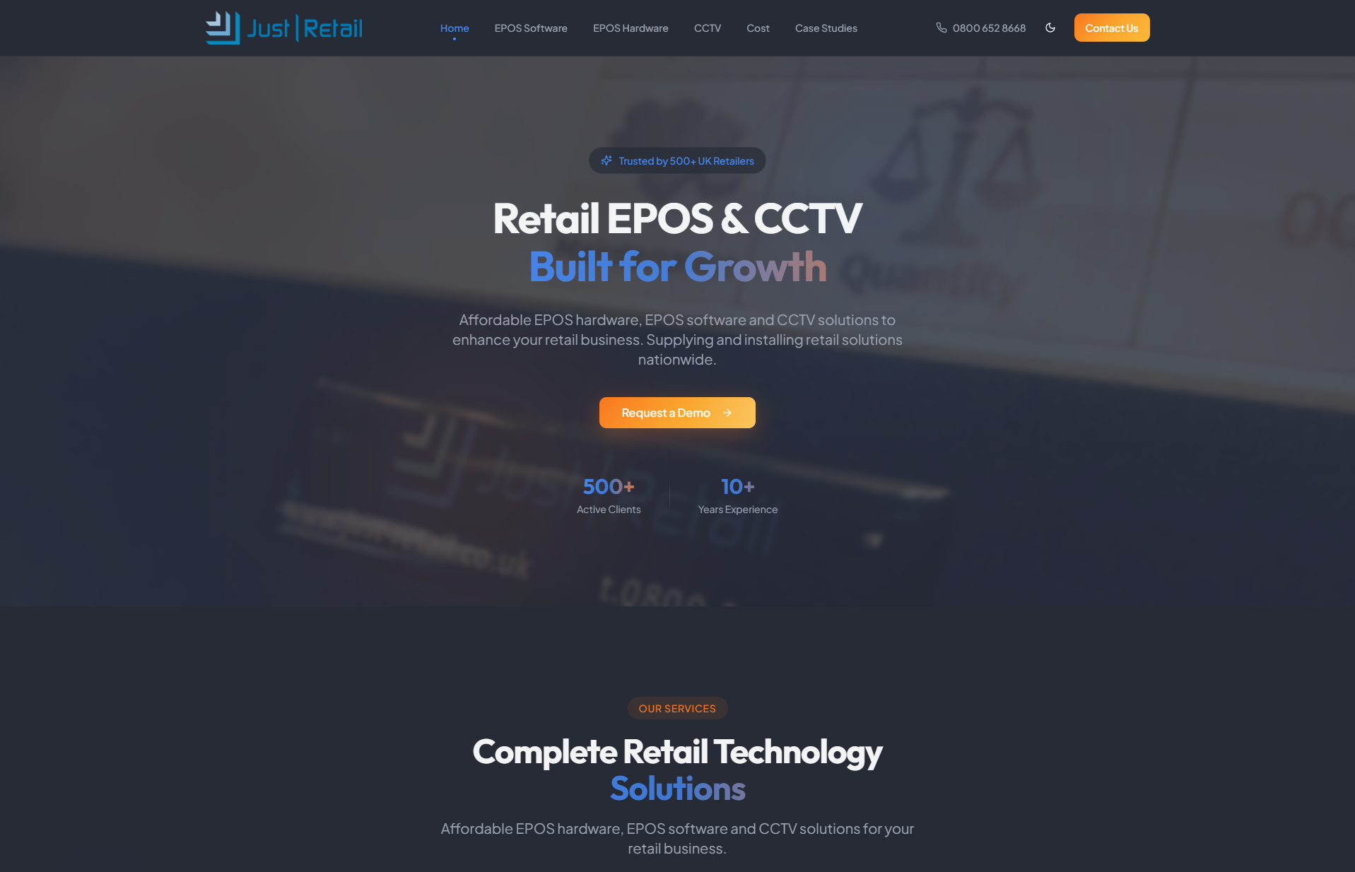 Just Retail website homepage, an EPOS and CCTV supplier for independent retailers in Nottingham