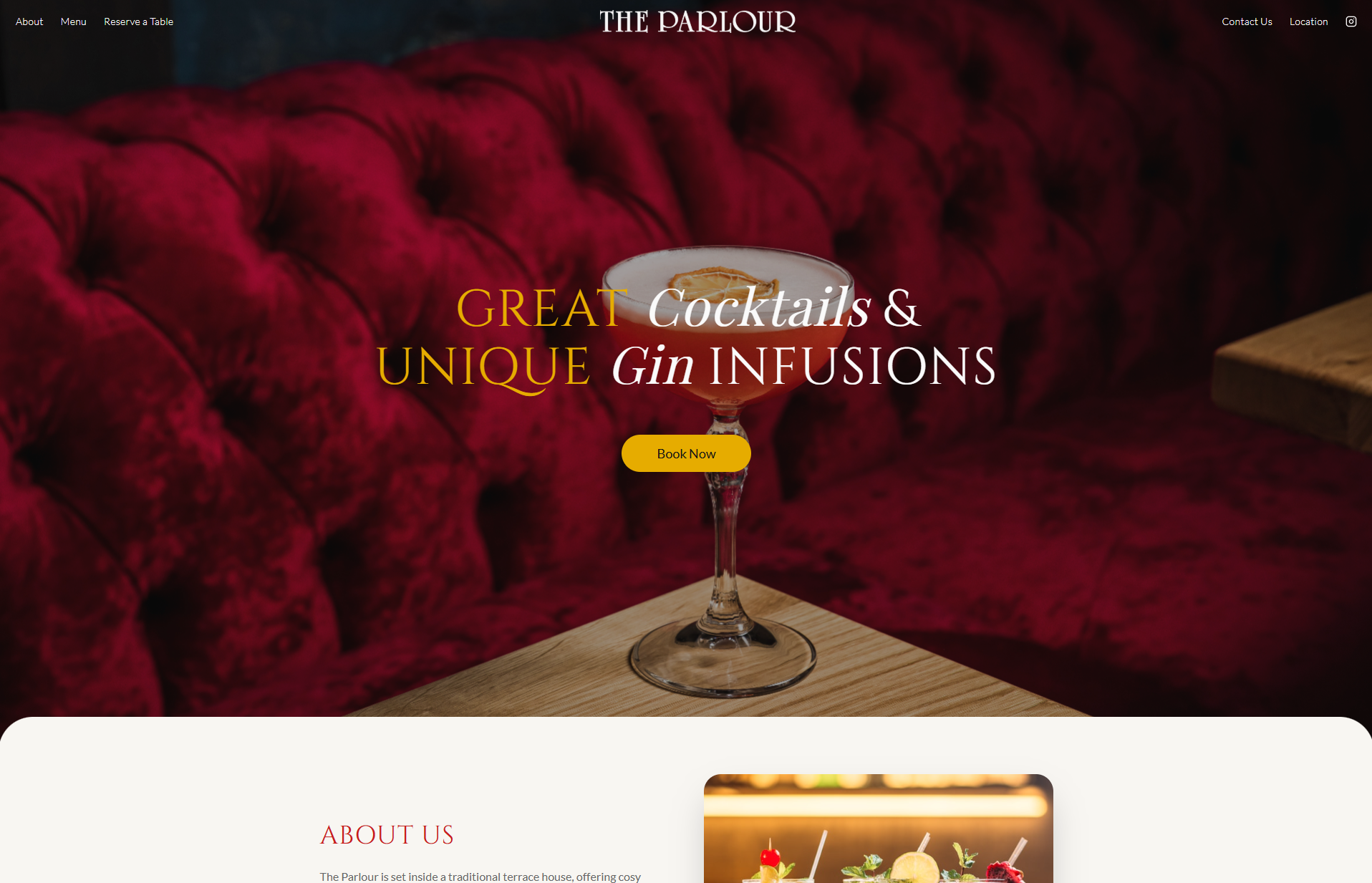 The Parlour website homepage, a cocktail bar in West Bridgford showing great cocktails and gin infusions